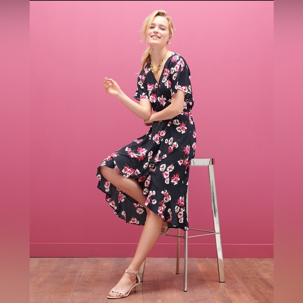 J. Crew Factory Floral High-Low Faux-Wrap Dress in Navy Floral